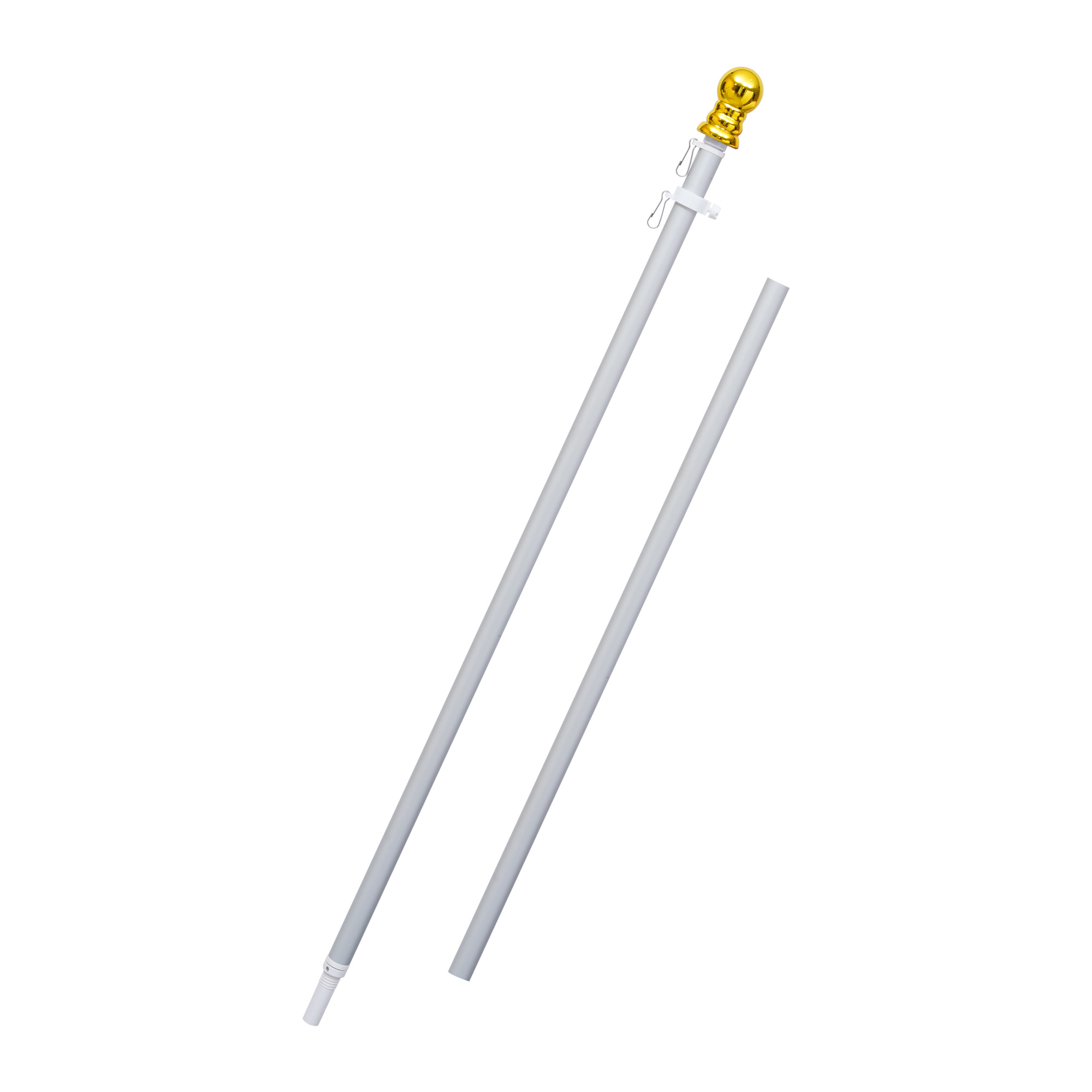 FlagStars 6FT Alum Silver Pole 2-Sec | Anti-Wrap Spinning Rings w/Gold Top | Model# FS-2S6FS-G